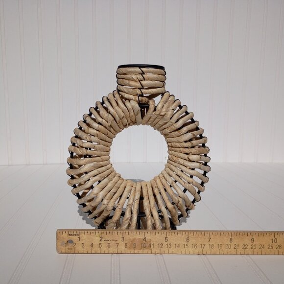 Vintage Wrought Iron Rattan Wrapped Donut Vase Boho Southwestern Candle Holder - Picture 5 of 12